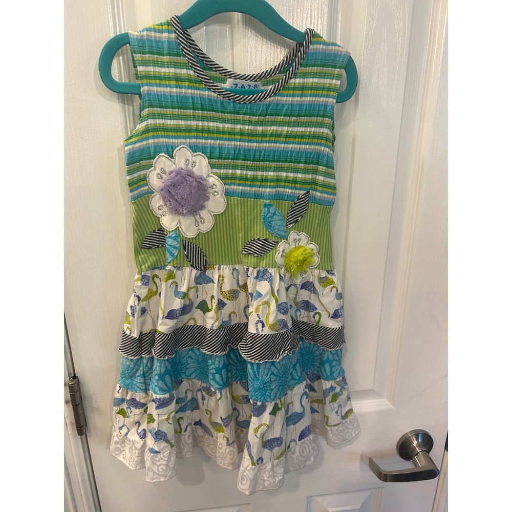 Zaza Couture Tiered Dress Green Blue Flamingo Stripe Floral Applique G 703 3T